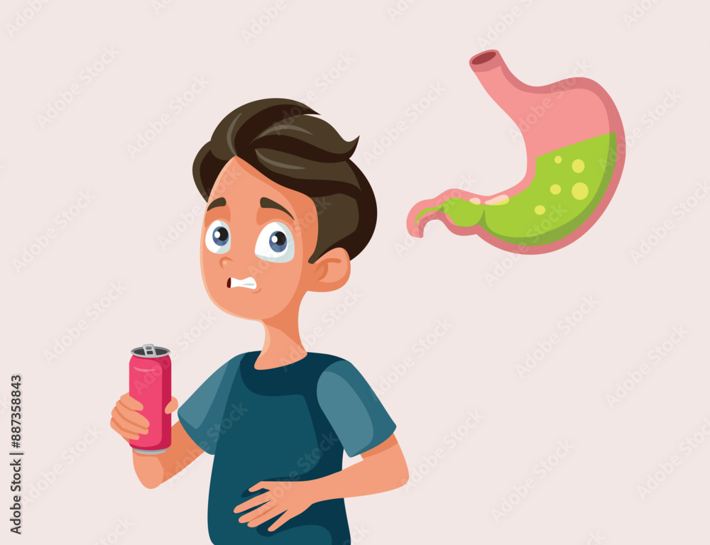 Teen Drinking Soda Suffering from Stomach Acidity Vector Illustration. Young boy feeling bloated and unwell after carbonated beverage
Teen Drinking Soda Suffering from Stomach Acidity Vector Illustration. Young boy feeling bloated and unwell after carbonated beverage