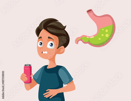 Teen Drinking Soda Suffering from Stomach Acidity Vector Illustration. Young boy feeling bloated and unwell after carbonated beverage 
