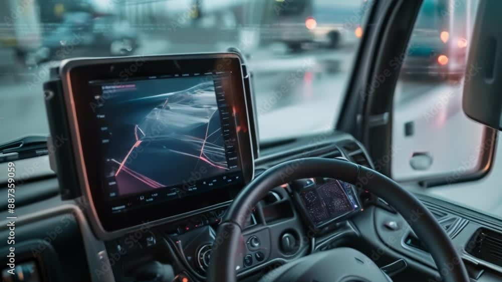 A truck driver's hand rests on the steering wheel while the navigation system displays a map on the dashboard. A truck driver's hand rests on the steering wheel while the navigation system displays a map on the dashboard.