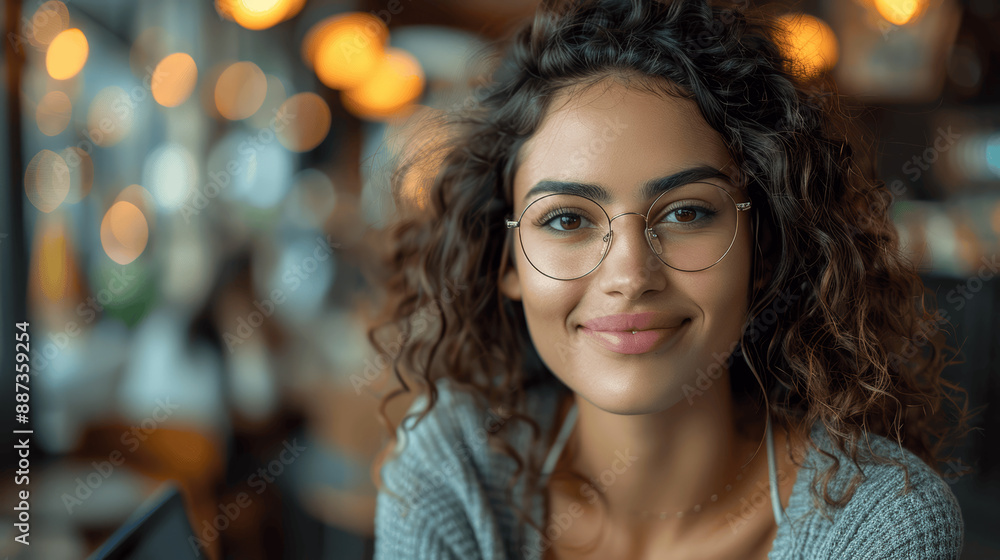 Obraz premium Happy woman with glasses working on laptop in cafe office setting