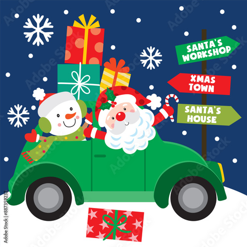 Christmas Design For Card,Bag with Santa Claus and Snowman in Xmas Car