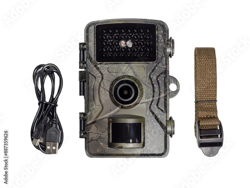 Hunting trail camera with accessories. Outdoor wildlife surveillance camera with motion detector. Nature protection and monitoring. Automatic motion detection and recording	 photo