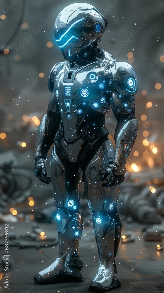 Naklejka premium A hyper-realistic and ultra-realistic full-body image of a powerful and muscular futuristic mechanical warrior on a chaotic futuristic battlefield