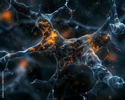 Abstract 3D illustration of a neuron cell with glowing synapses. photo