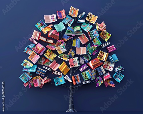 3D tree with vibrant books as leaves each leaf unique book cover on solid navy blue background. The image captures the spirit of International Literacy Day.
