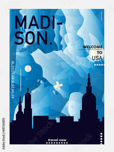 Madison city poster with abstract skyline, horizon,, landmark and attraction. USA, Wisconsin state vector illustration layout for vertical brochure, website, flyer, presentation, book cover