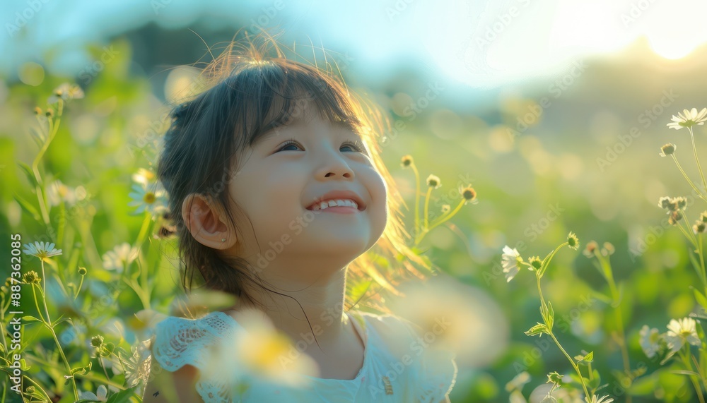 A Little Girl's Joyful Moment Under a Sunny Sky A Captivating Image of Pure Happiness and Innocence in a Field of White Flowers A Little Girl's Joyful Moment Under a Sunny Sky A Captivating Image of Pure Happiness and Innocence in a Field of White Flowers