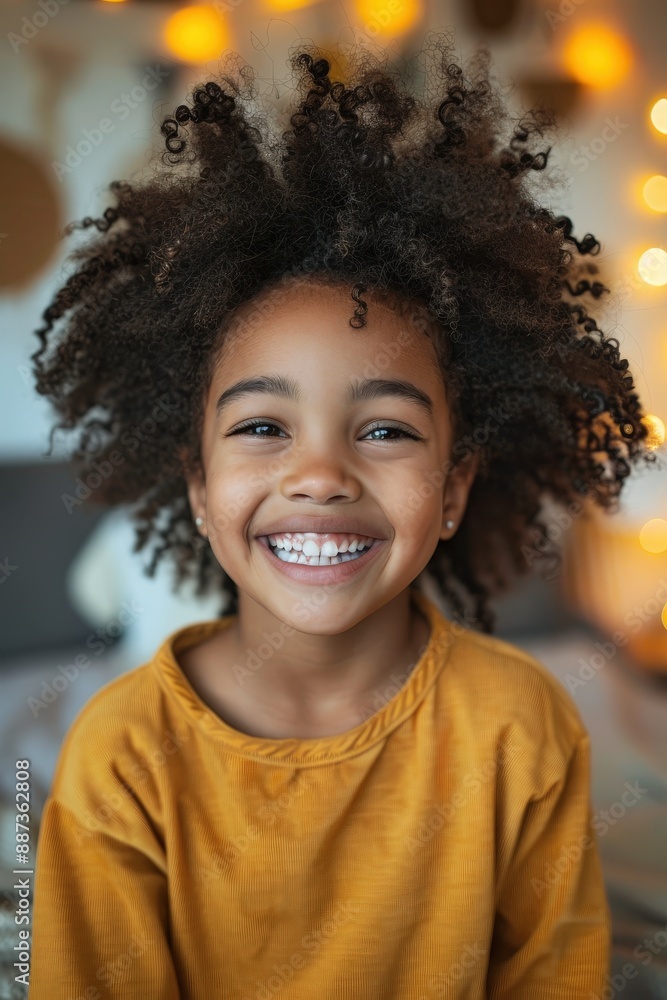 Joyful Child with Curly Hair Smiling in Cozy Home Setting with Warm Lighting Joyful Child with Curly Hair Smiling in Cozy Home Setting with Warm Lighting