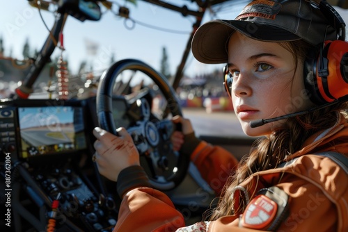 Young Girl Racing Driver, Focused and Determined, Speed and Adrenaline, Passion for Motorsport, Kart Racing, Girl Power, Motorsport Enthusiast, Female Driver, Racing Helmet, Racing Suit, Go Kart photo