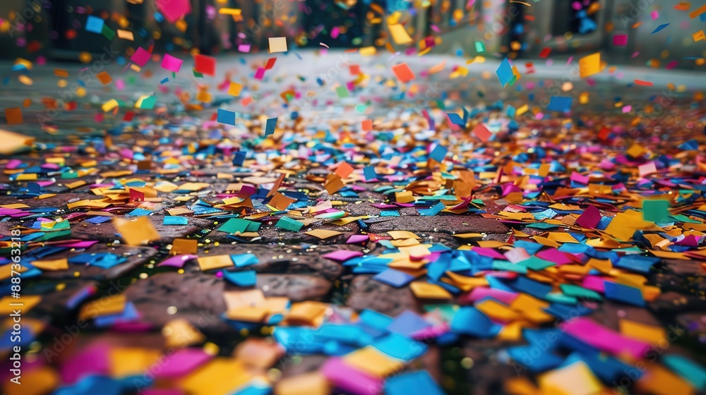 Obraz premium Colorful Confetti Scattered on Cobblestone Street in Vibrant Celebration
