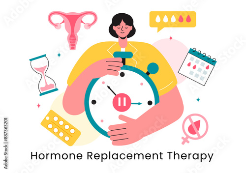 HRT or Hormone Replacement Therapy Acronym Vector Illustration with Treatment and Hormone Medication in a Healthcare Flat Cartoon Background