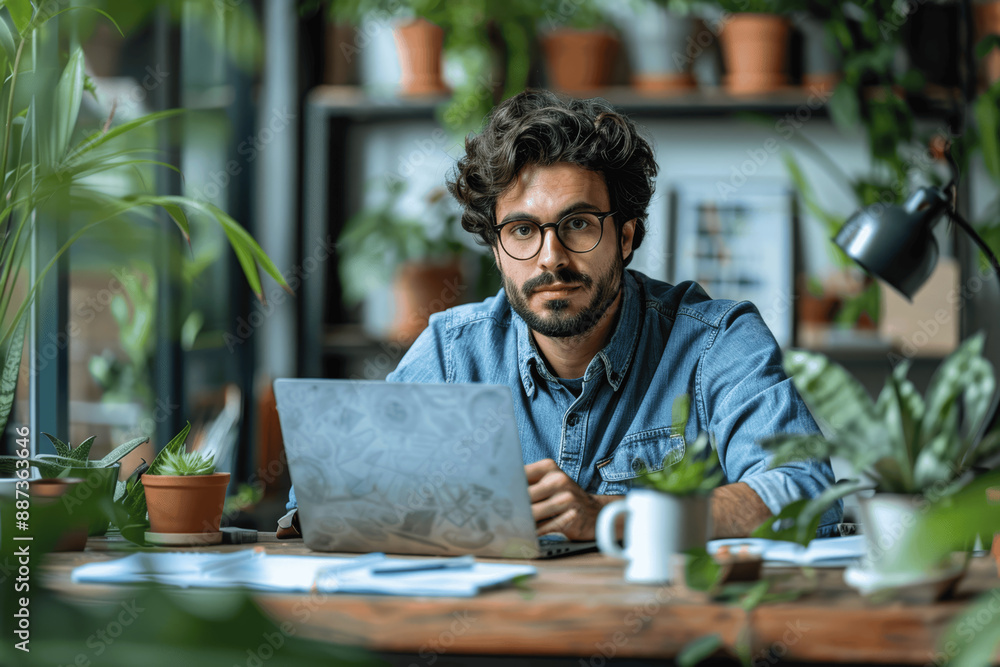 Focused young professional in glasses writing notes at desk with laptop and coffee in home office thinking of new ideas Focused young professional in glasses writing notes at desk with laptop and coffee in home office thinking of new ideas