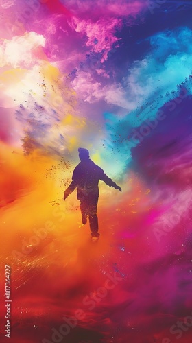 Wallpaper Mural Silhouette of a person walking through a vibrant, colorful, and dreamy cloudscape, evoking a sense of exploration and surrealism. Torontodigital.ca