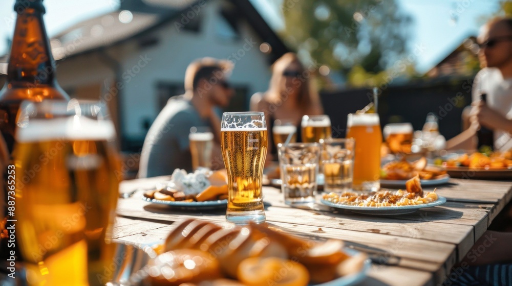 Friends enjoy a sunny afternoon barbecue, sharing a meal and drinks around a table in the backyard Friends enjoy a sunny afternoon barbecue, sharing a meal and drinks around a table in the backyard