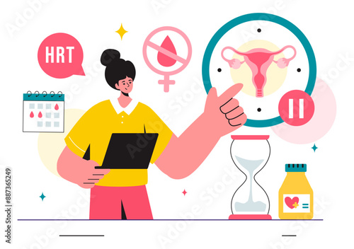 HRT or Hormone Replacement Therapy Acronym Vector Illustration with Treatment and Hormone Medication in a Healthcare Flat Cartoon Background