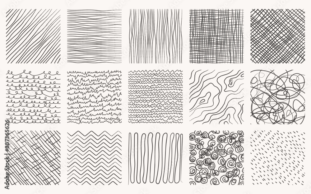 Set of hand drawn patterns in square. Vector textures made with pencil. Geometric doodles in the form of lines, circles, strokes, stripes, waves. Vector illustration