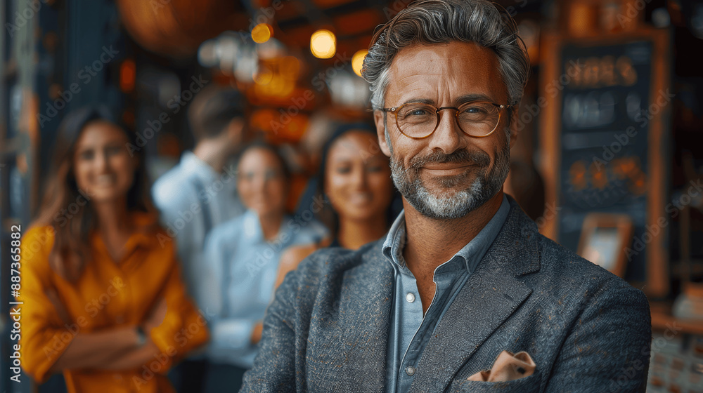 Smiling young businessman leader with team in office portrait, generative AI illustration Smiling young businessman leader with team in office portrait, generative AI illustration