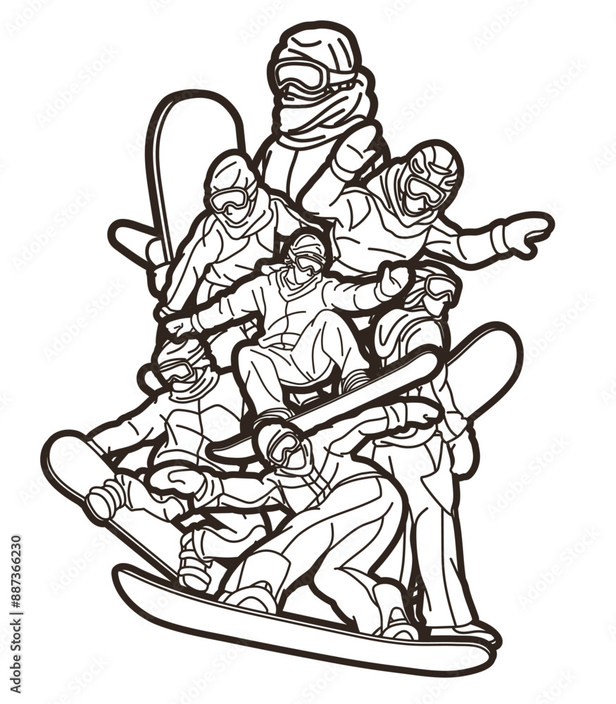 Obraz premium Group of Snowboard Players Mix Action Snowboarder Extreme Sport Cartoon Graphic Vector