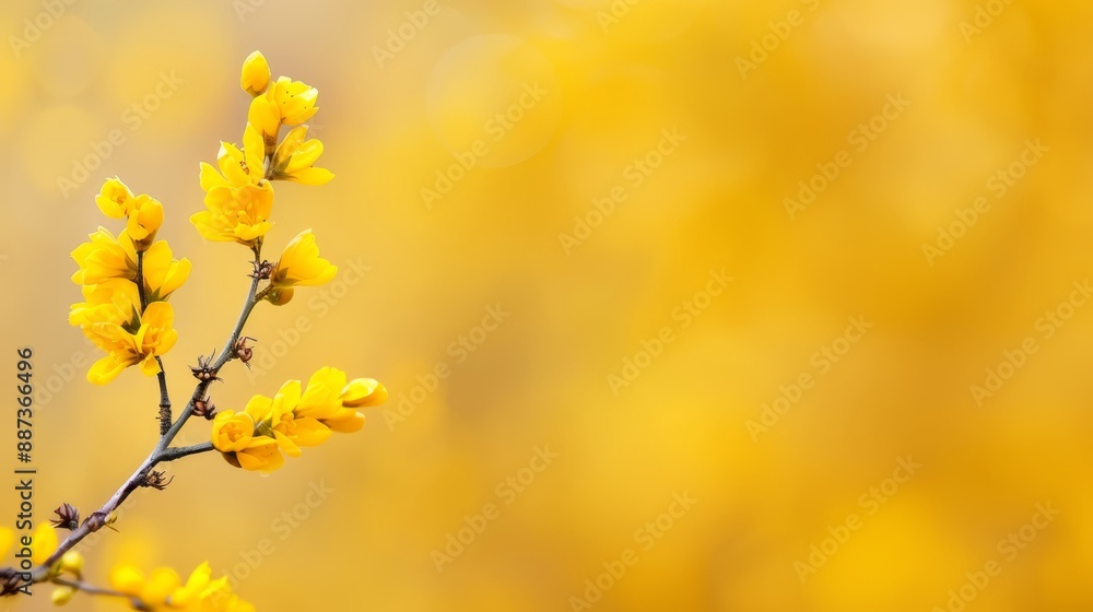 A branch with yellow flowers in the foreground, surrounded by a softly blurred expanse of yellow flowers in the background A branch with yellow flowers in the foreground, surrounded by a softly blurred expanse of yellow flowers in the background