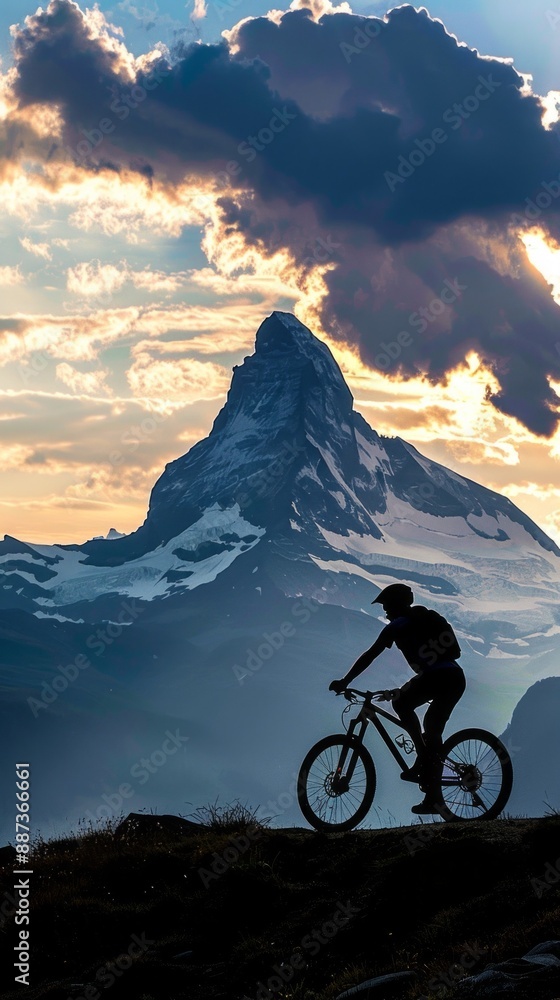 Fototapeta premium A mountain biker rides across a hilltop with the silhouette of a snow-capped mountain in the background