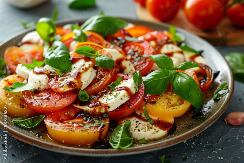 fresh Caprese salad with heirloom tomatoes, mozzarella, basil, and a balsamic glaze, cinematic, professional food photography fresh Caprese salad with heirloom tomatoes, mozzarella, basil, and a balsamic glaze, cinematic, professional food photography