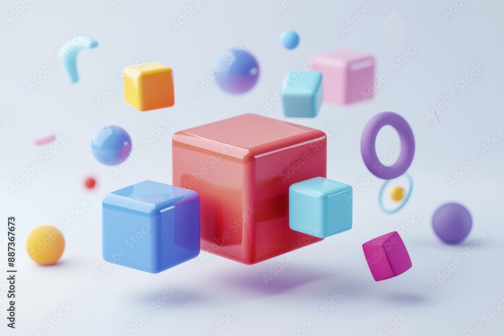 Obraz premium Abstract Futuristic 3D Render Minimalistic Style with Floating Geometric Shapes Isometric Design, Light Color Theme, Bright Background, and Soft Lighting