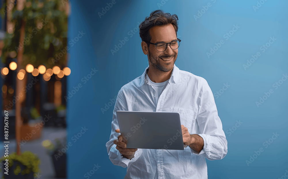 Smiling young businessman using laptop on blue background happy entrepreneur checking email with glasses Smiling young businessman using laptop on blue background happy entrepreneur checking email with glasses