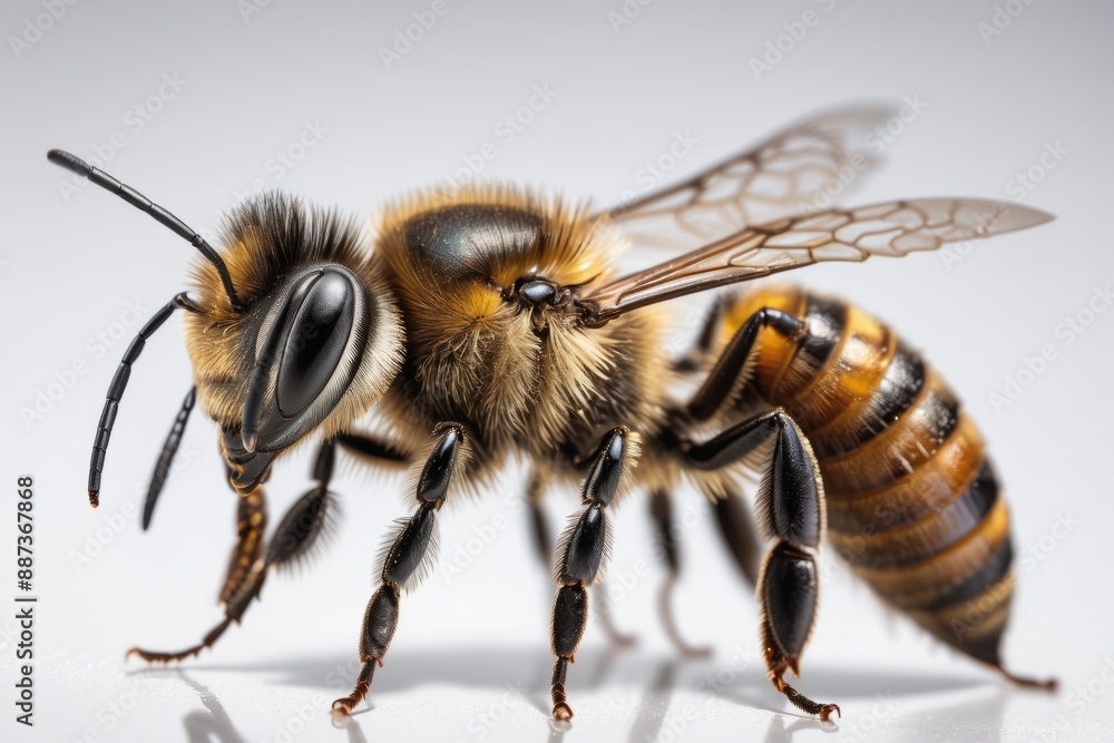 A close-up photo of a yellow bee with fuzzy black stripes its wings outstretched isolated on a bright white background A close-up photo of a yellow bee with fuzzy black stripes its wings outstretched isolated on a bright white background