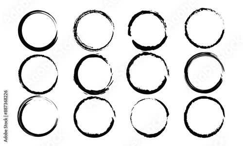 Grunge circles brush set. Black circle frames. Round line of black paint. Grunge round shapes. Circular ink brush stroke fro design elements. Vector illustration.
