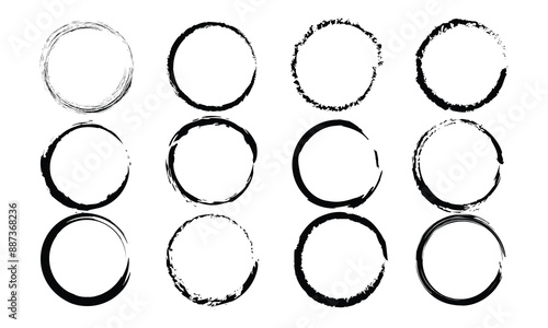 Grunge circles brush set. Black circle frames. Round line of black paint. Grunge round shapes. Circular ink brush stroke fro design elements. Vector illustration.
