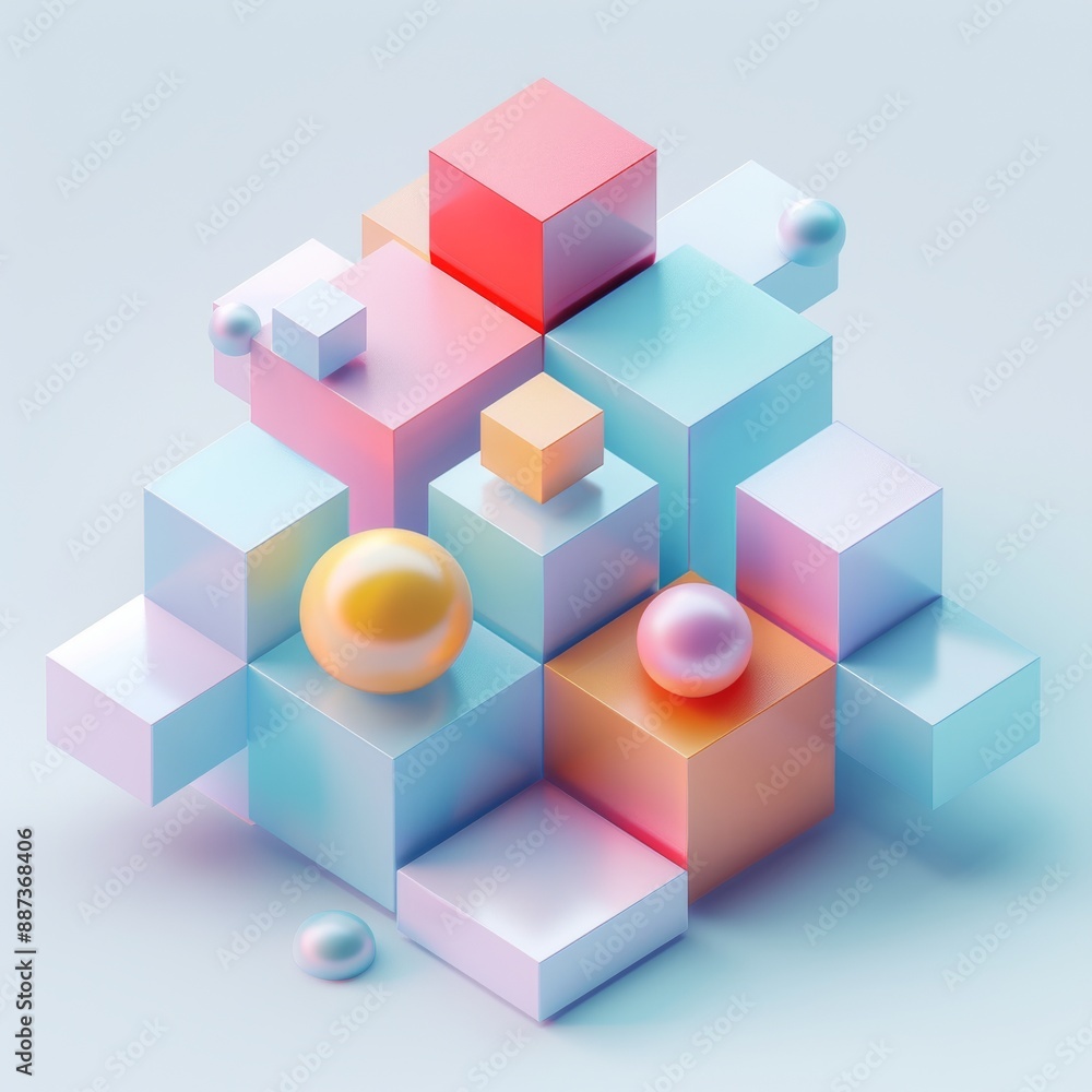 Obraz premium Abstract Futuristic 3D Render Minimalistic Style with Floating Geometric Shapes Isometric Design, Light Color Theme, Bright Background, and Soft Lighting