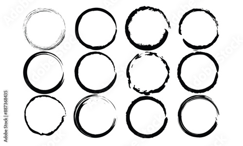 Brush circles. paintbrush with black ink in old style, abstract grunge circle with brush stroke vector.