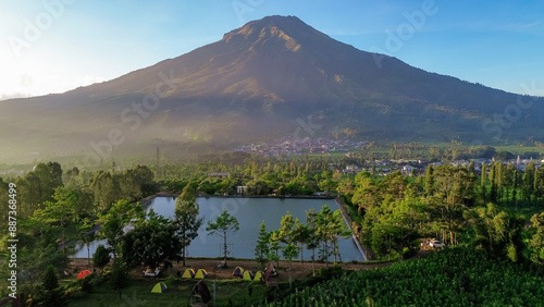 Drone view of Sindoro Mountain or Sumbing mountain from Embun Kledung Temanggung.  photo