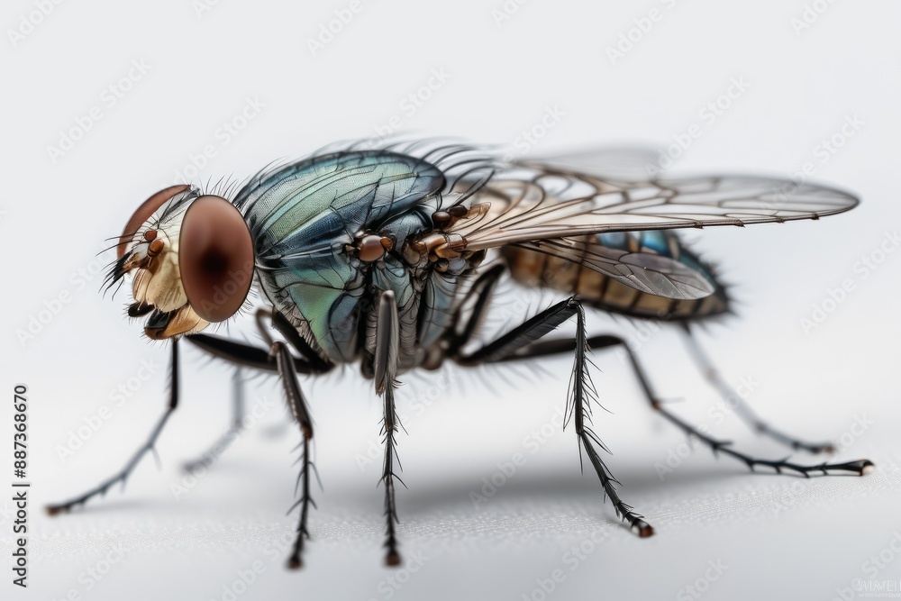 A macro close-up of a housefly perched showing its hairy body large eyes and transparent wings isolated white background A macro close-up of a housefly perched showing its hairy body large eyes and transparent wings isolated white background