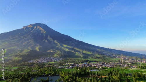 Drone view of Sindoro Mountain or Sumbing mountain from Embun Kledung Temanggung.  photo