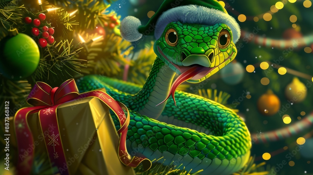 Fototapeta premium A green snake wearing a New Year's hat holds gifts against a Christmas tree background