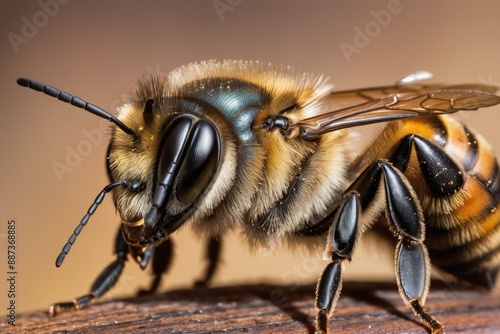 A close-up photo of a yellow bee with fuzzy black stripes its wings outstretched isolated on a bright solid background photo