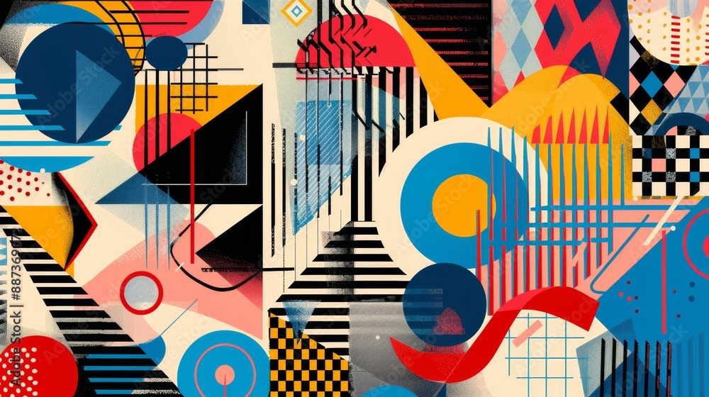 Abstract Geometric Pattern: Vibrant and bold, this digital abstract artwork features an explosion of geometric shapes and patterns in a captivating symphony of color. The dynamic interplay of lines. Abstract Geometric Pattern: Vibrant and bold, this digital abstract artwork features an explosion of geometric shapes and patterns in a captivating symphony of color. The dynamic interplay of lines.