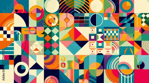 Abstract Geometric Patterns: A vibrant kaleidoscope of colors and shapes creates a dynamic, modern design. Perfect for backgrounds, branding, and web design. 