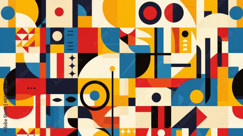 Abstract Geometric Pattern: A vibrant and dynamic seamless pattern featuring bold geometric shapes in a captivating color palette. The playful arrangement of squares, circles. Abstract Geometric Pattern: A vibrant and dynamic seamless pattern featuring bold geometric shapes in a captivating color palette. The playful arrangement of squares, circles.