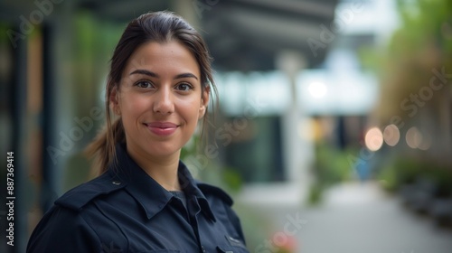 Professional female security guard in uniform, firm smile at camera, with guarded site in background, highlighting security and protective responsibilities for stock image use © Art Genie
