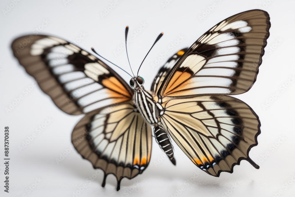 Obraz premium A colorful butterfly with orange and black wings rests on a white background