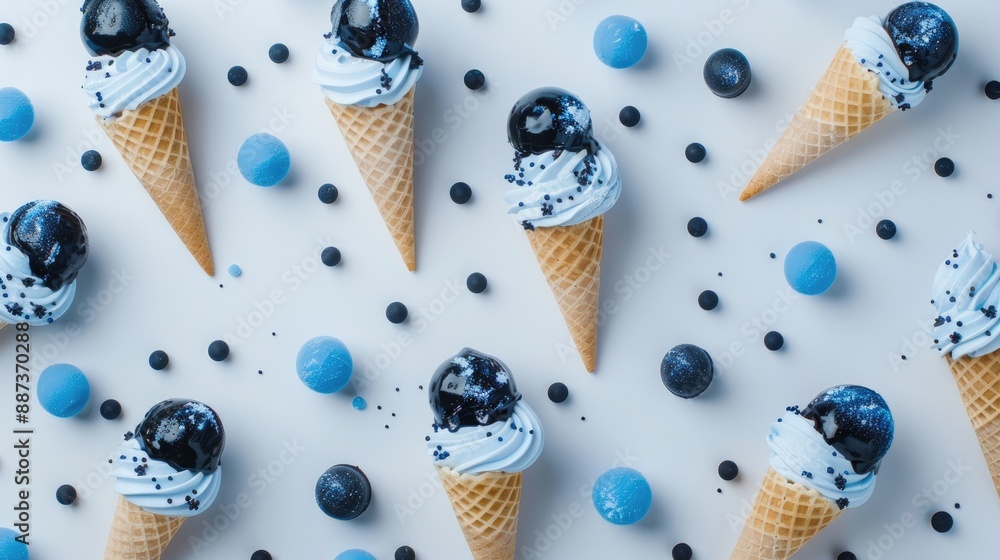 Vibrant ice cream cones with blue and black balls on white background viewed from above Vibrant ice cream cones with blue and black balls on white background viewed from above