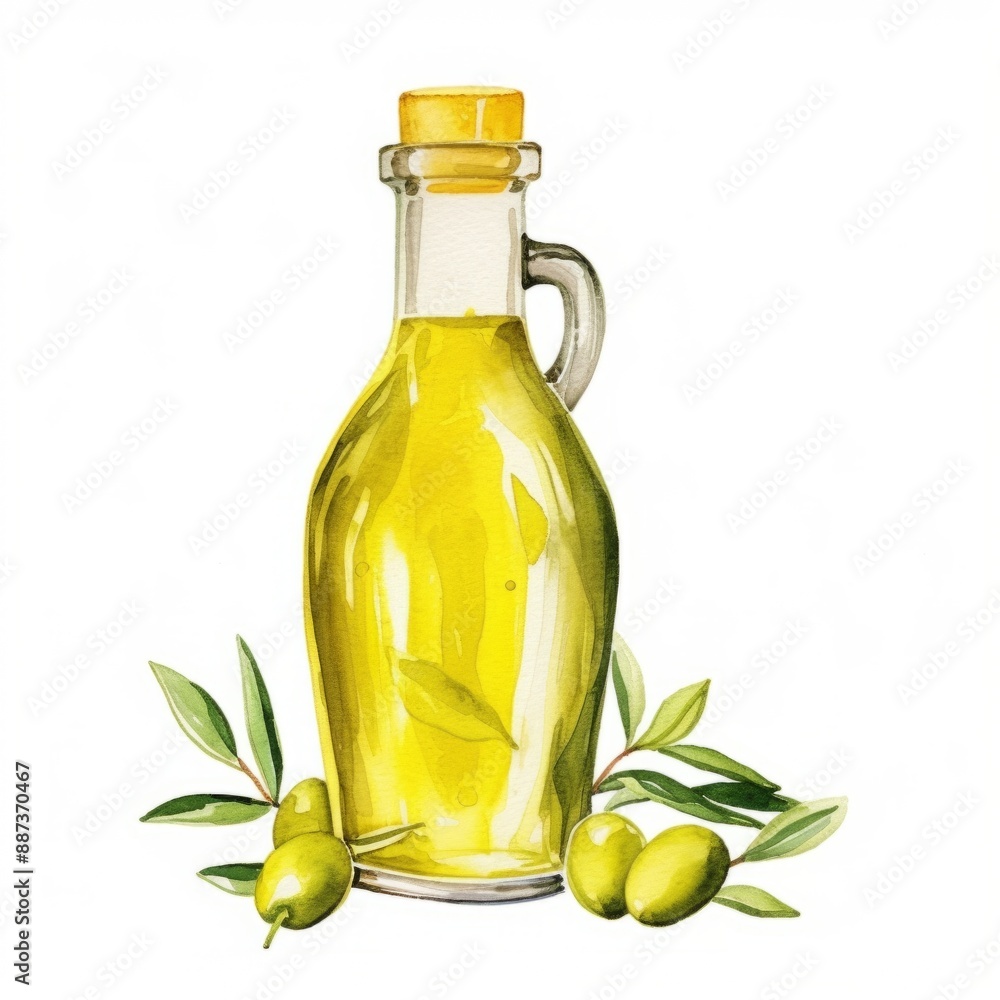 A glass bottle of olive oil with a cork stopper and handle, surrounded by green olives and sprigs A glass bottle of olive oil with a cork stopper and handle, surrounded by green olives and sprigs
