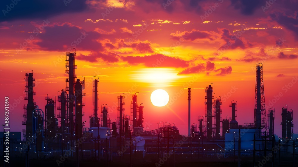 Fototapeta premium Oil and gas refinery with silhouette over the sunset.