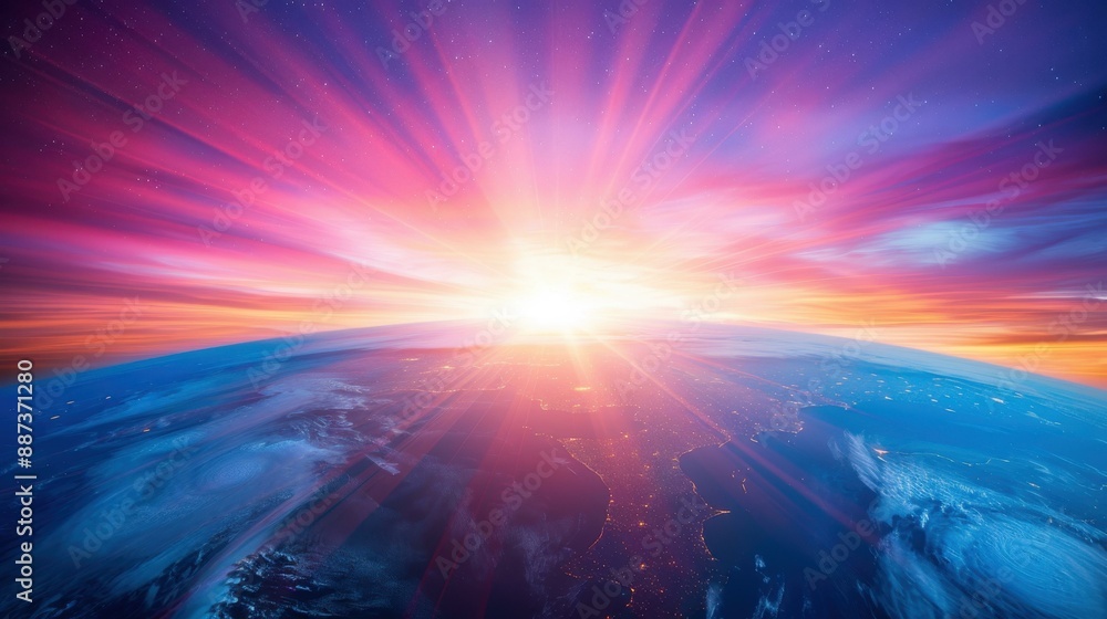 Stunning Earth view from space with sunbeams on a starry sky, symbolizing exploration and discovery. Stunning Earth view from space with sunbeams on a starry sky, symbolizing exploration and discovery.
