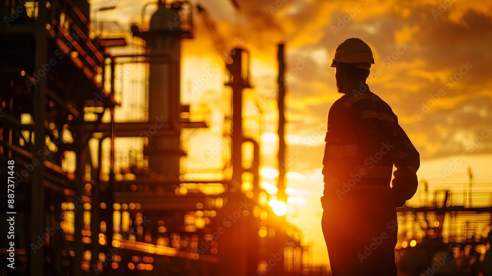 Silhouette of the worker on the background of oil and gas industries during sunset. Silhouette of the worker on the background of oil and gas industries during sunset.