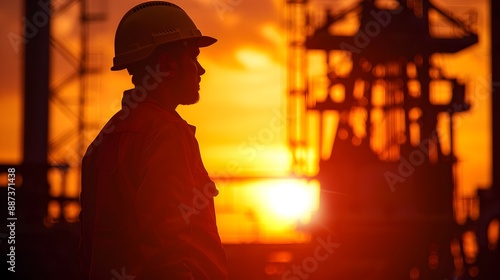 Silhouette of the worker on the background of oil and gas industries during sunset.