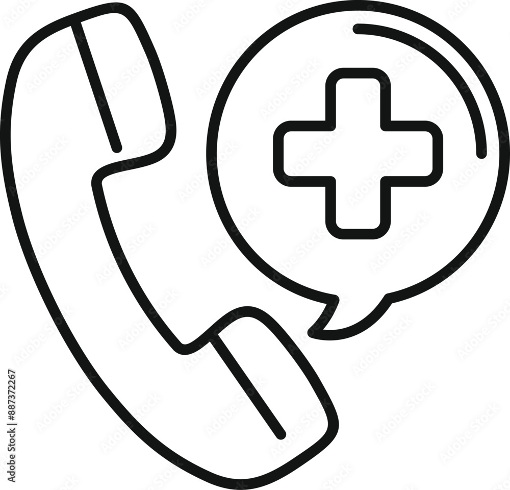 Simple, bold line icon of a phone with a speech bubble containing a medical cross, representing the concept of calling a medical professional Simple, bold line icon of a phone with a speech bubble containing a medical cross, representing the concept of calling a medical professional