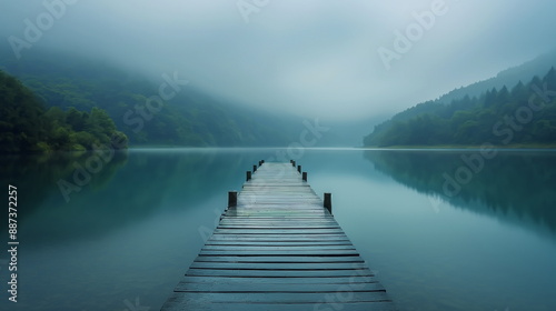 wooden pier in the lake with morning mist © anurakss